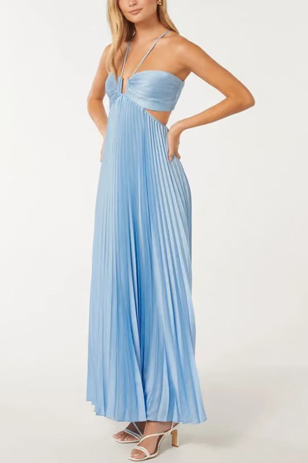 Dara - Blue sexy halterneck strapless pleated flowing Maxi Dress
